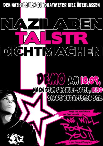 Naziladen Elite Style in der Talstrasse dichtmachen! Den Nazis keinen Fußbreit Kiez überlassen! Demo am 10.09. ab 16:30 Uhr (nach dem Leverkusenspiel) auf der Buderpester Strasse
