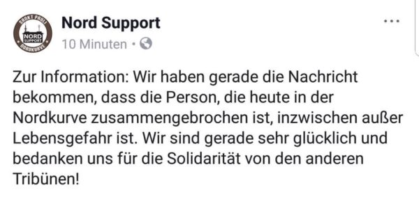 Screenshot einer Facebookmeldung von "Nord-Support" zum verletzten Fan in der Nordkurve