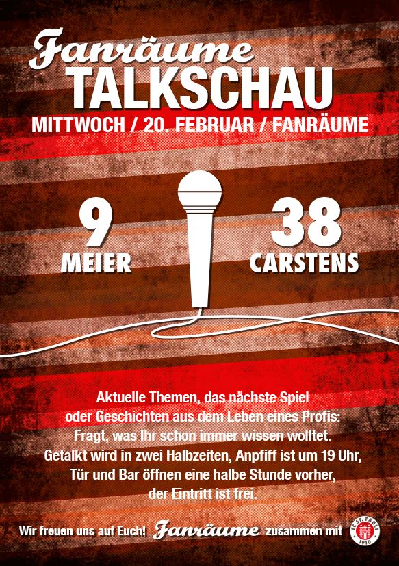 Einladungsflyer zur Fanräume - Talkschau mit #9 Alexander Meier und #38 Florian Carstens. Alle Infos auch im Fließtext.
