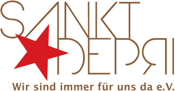 Logo der Initiative St. Depri. Ein Brauner Schriftzug mit St. Depri und dem Slogan Wir sind immer für uns da, linksseitig ein roter Stern