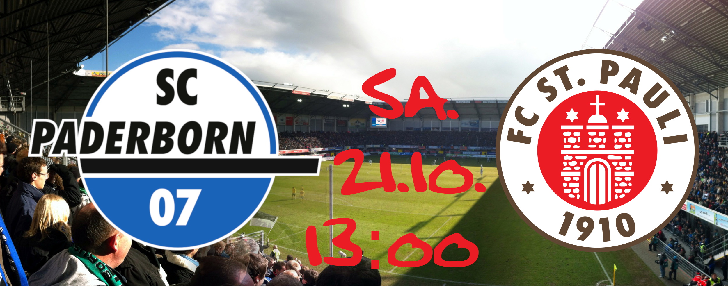 Wappen vom SC Paderborn und FC St. Pauli vor einem Foto aus dem Paderborner Stadion mit dem Spieldatum und der Spielzeit