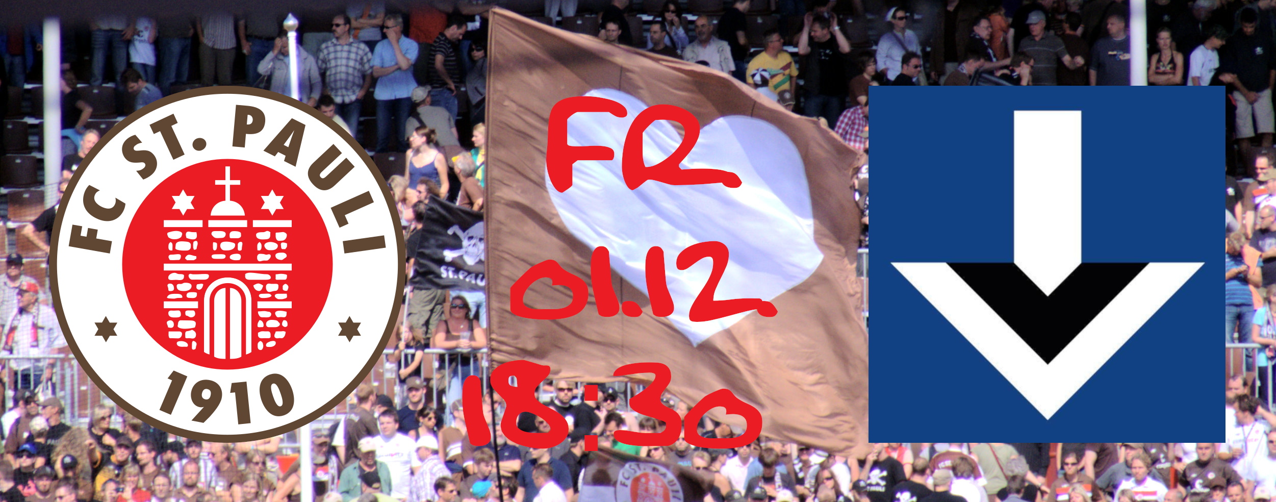 Wappen von FC St. Pauli und der Vorstadt vor der Herzensflagge der Nordkurve im Millerntor-Stadion mit der Anpfiffzeit des Spiels