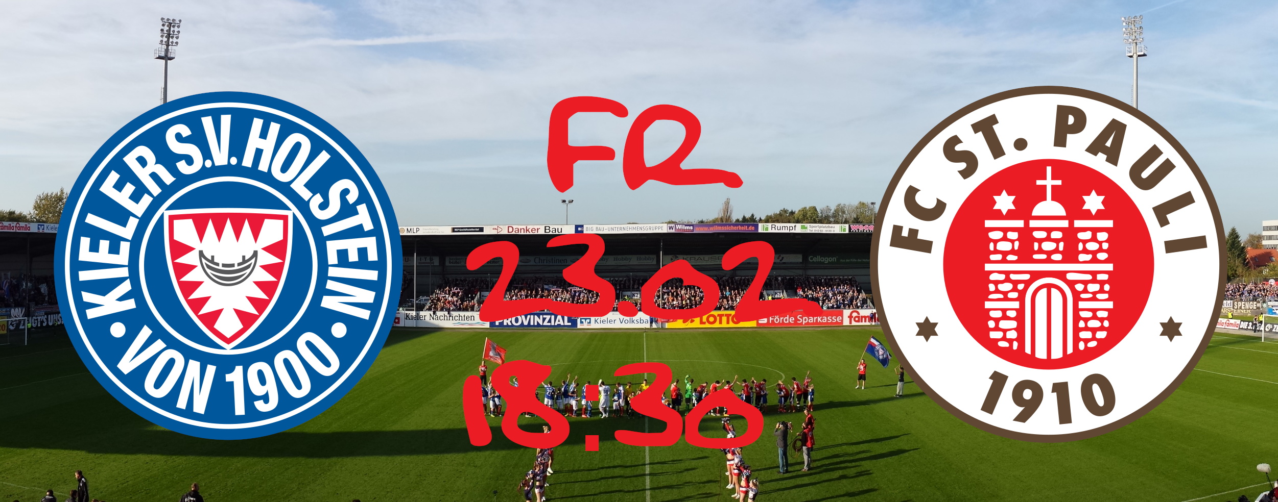 Wappen voHolstein Kiel und FC St. Pauli mit dem Spieldatum Freitag, 23.02., 18:30 mit einem Foto des Kieler Stadions.